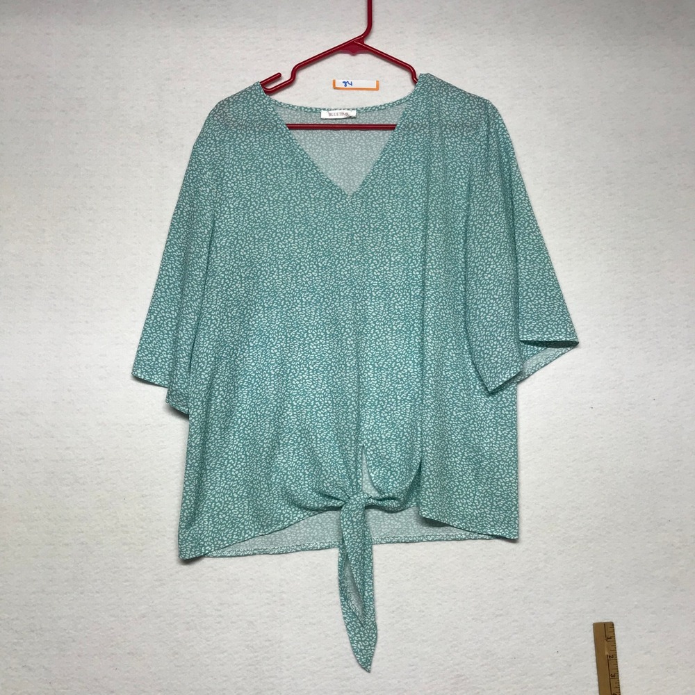 BLUETIME Womens Teal White Floral Print Tie Front V Neck 3/4 Sleeve Blouse Top L